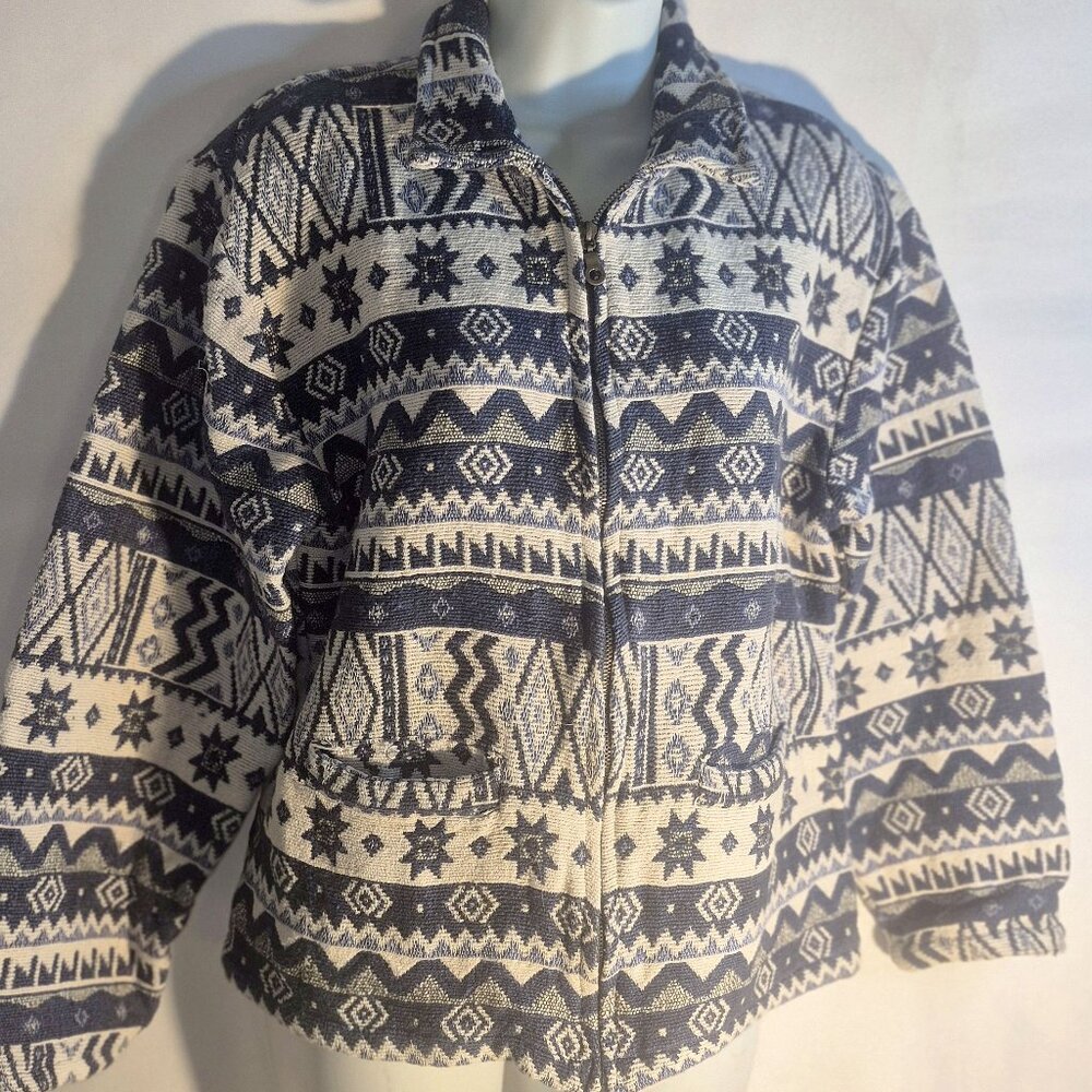 Argee 100% Cotton Jacket with southwestern design, Blue & white in size Small